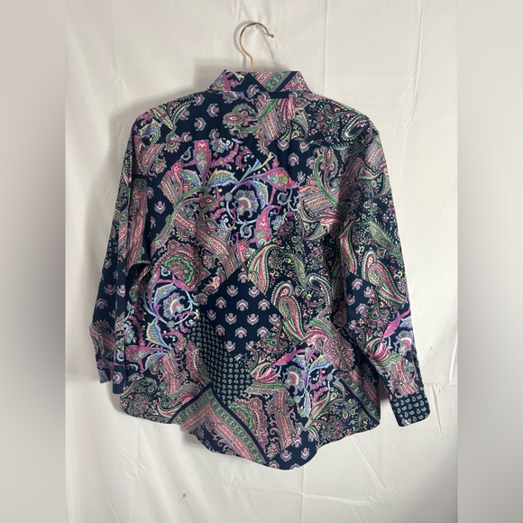 Women’s 100% Cotton Navy Blue Paisley Patchwork Boho Spring Button Down Size XL - Picture 3 of 13